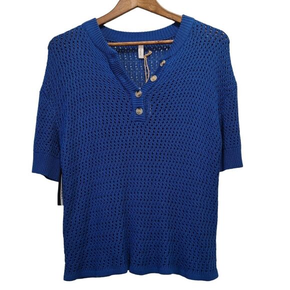 Wishlist Womens Top Blue Open Knit with Buttons Blouse Size Small - Picture 1 of 10